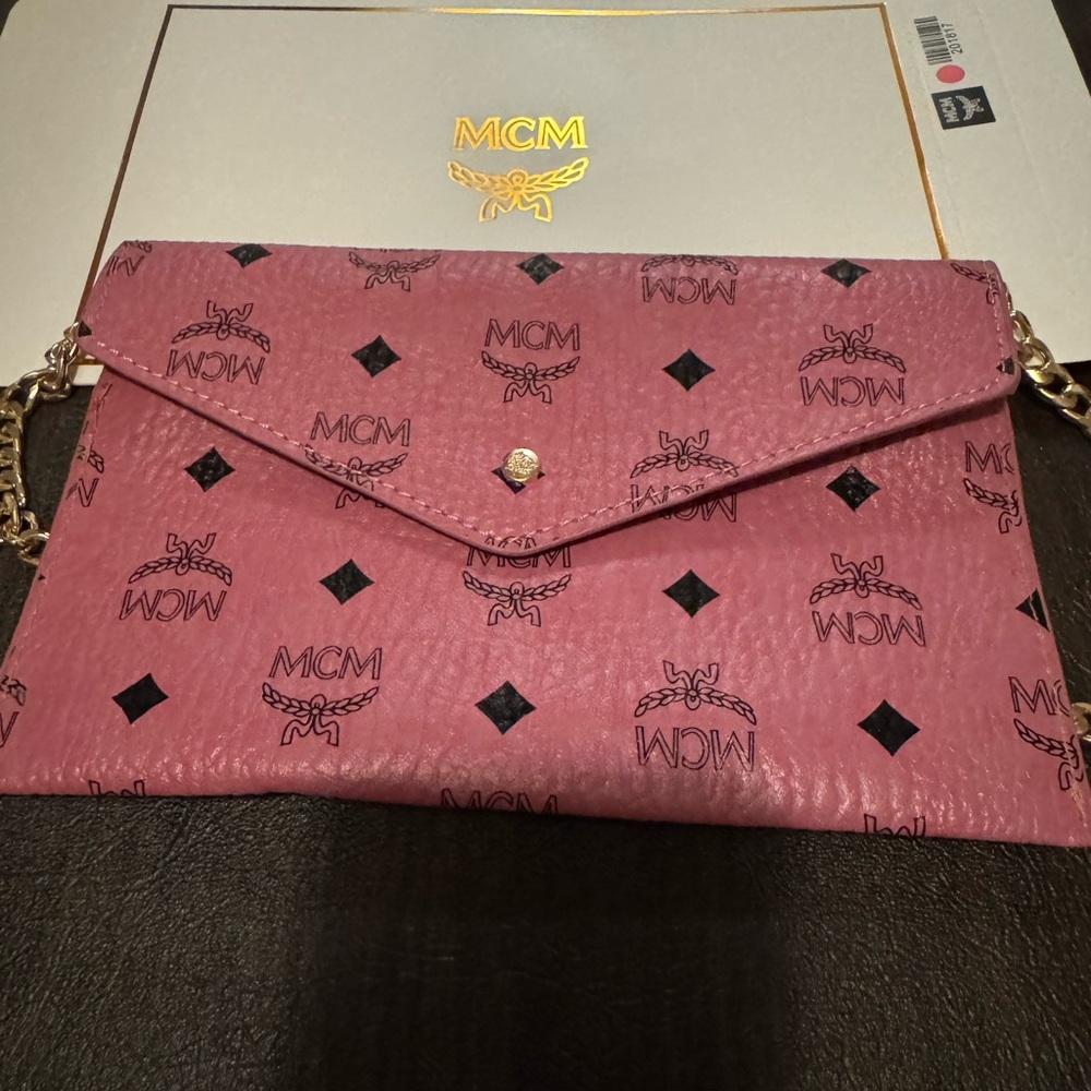MCM Pink Logo Clutch with Gold Chain